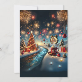 Tarjeta Festiva Paisaje invernal festivo con chocolate caliente