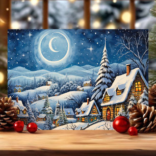 Tarjeta Festiva Paisaje invernal nevado bajo la luz de la luna en 