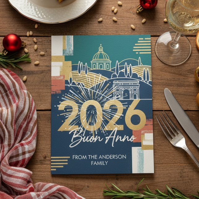 Tarjeta Festiva Paisaje Italiano Buon Anno 2026 Navy Gold (Subido por el creador)