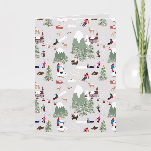 Tarjeta Festiva Paisaje Montañoso de Esquí en la Nieve (Anverso)