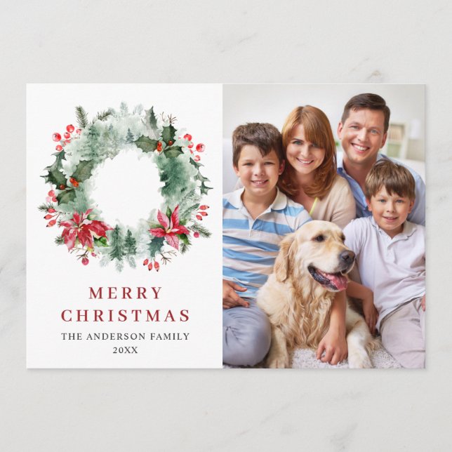 Tarjeta Festiva Paisaje Wreath Holly Berry Pine 3 FHOTO Saludo (Anverso)