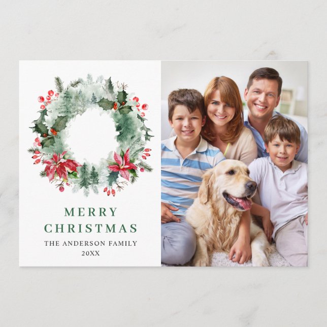 Tarjeta Festiva Paisaje Wreath Holly Berry Pine 4 FHOTO Saludo (Anverso)