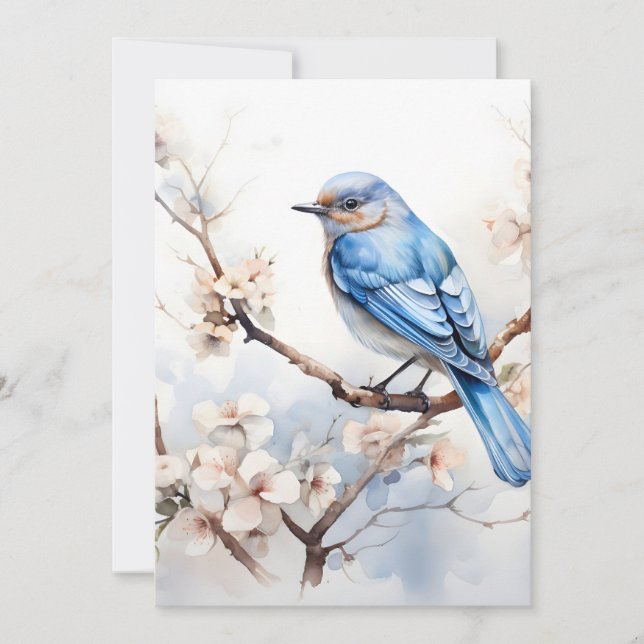 Tarjeta Festiva Pájaro azul de primavera en el árbol floreciente (Anverso)