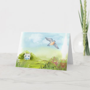 Tarjeta Festiva Pájaro azul tranquilo y casita Paisaje