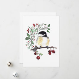 Tarjeta Festiva Pájaro Carbonero de Invierno Bayas