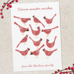 Tarjeta Festiva Pájaro Cardenal Festivo Acuarela Personalizada<br><div class="desc">Pájaros Cardenales pequeños divertidos y festivos en rojo y blanco,  perfectos para la Navidad y las fiestas de invierno. Cambie el nombre y el saludo para personalizar,  y agregue su propio texto en el reverso,  o déjelo en blanco si lo prefiere. Arte original de Nic Squirrell.</div>