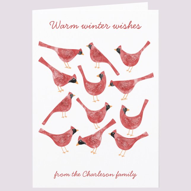 Tarjeta Festiva Pájaro Cardenal Festivo Acuarela Personalizada (Fun Cardinal bird red and white watercolor art personalized custom text holiday card)