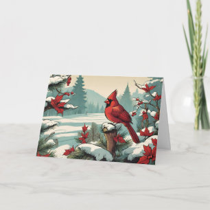 Tarjeta Festiva Pájaro cardenal rojo y bayas silvestres rojas