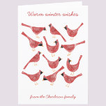 Tarjeta Festiva Pájaro Cardinal Festivo Acuarela Personalizada<br><div class="desc">Diviértete con estos pequeños pájaros Cardinales festivos en rojo y blanco,  perfectos para Navidad y las fiestas de invierno. Cambia el nombre y el saludo para personalizar,  y agrega tus propias palabras en el interior,  o déjalo en blanco si lo prefieres. Arte original de Nic Squirrell.</div>