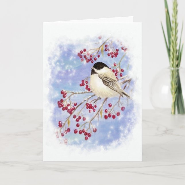 Tarjeta Festiva Pájaro del invierno a través de la ventana Nevado. (Anverso)