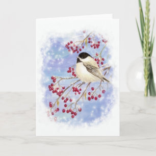 Tarjeta Festiva Pájaro del invierno a través de la ventana Nevado.