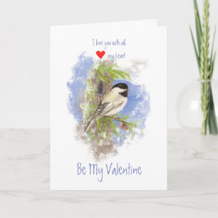 Tarjeta Festiva Pájaro del pino del Chickadee del corazón del amor