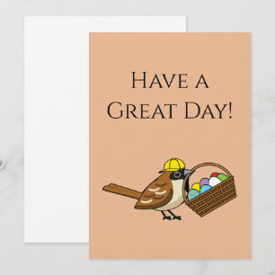 Tarjeta Festiva Pájaro Divertido con Canasta de Huevos Coloridos