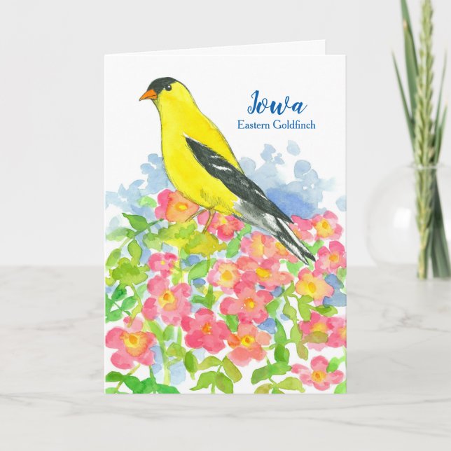 Tarjeta Festiva Pájaro estatal de Iowa Rosas de Goldfinch en blanc (Anverso)