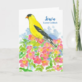 Tarjeta Festiva Pájaro estatal de Iowa Rosas de Goldfinch en blanc