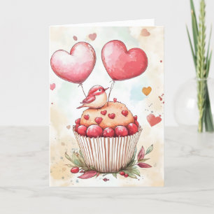 Tarjeta Festiva Pájaro lindo en globos de corazón de torta