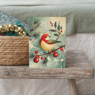 Tarjeta Festiva Pájaro Rojo Rama Nevada Acebo Copos de Nieve Vinta