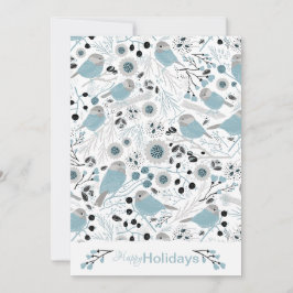 Tarjeta Festiva Pájaros Carboneros Lindos Flores Bayas Azul Gris