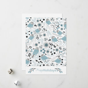 Tarjeta Festiva Pájaros Carboneros Lindos Flores Bayas Azul Gris