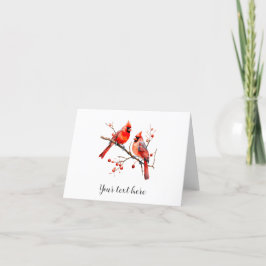 Tarjeta Festiva Pájaros Cardenal Rojo en Rama de Árbol de Acebo