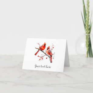 Tarjeta Festiva Pájaros Cardenales Rojos en Rama de Árbol de Acebo