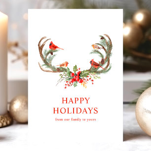 Tarjeta Festiva Pájaros Cardenales Rojos Felices Fiestas Cuerno de