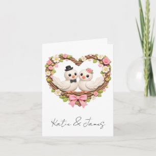 Tarjeta Festiva Pájaros de Amor Adorables en Corona Floral con For