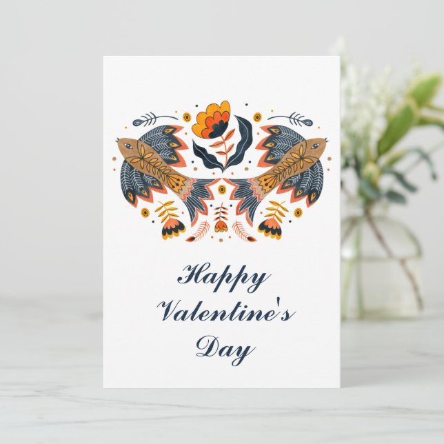 Tarjeta Festiva Pájaros de Amor Arte Folclórico Escandinavo Día de (Anverso de pie)