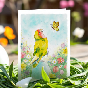 Tarjeta Festiva Pájaros de Amor Caprichosos Pascua Flores Acuarela