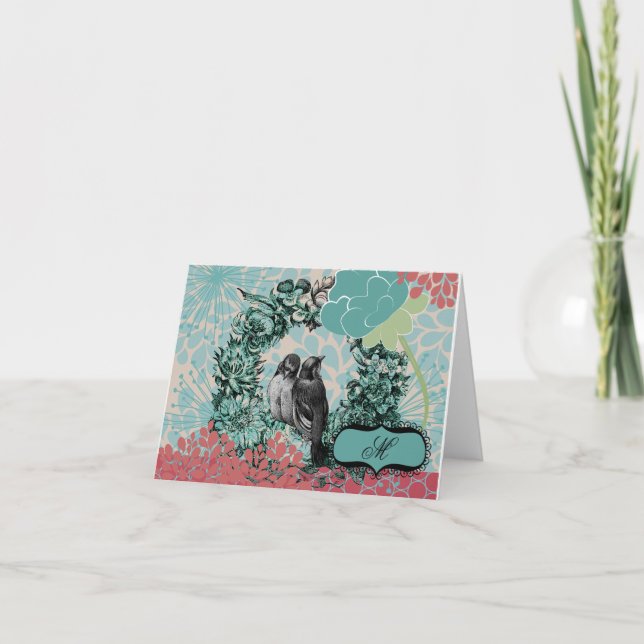 Tarjeta Festiva Pájaros del amor en la guirnalda floral (Anverso)