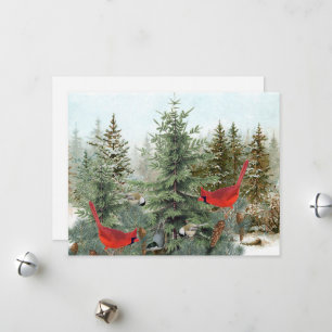 Tarjeta Festiva Pájaros invernales Bosque Cardenal Carbonero Trepa