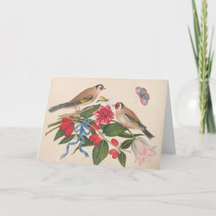Tarjeta Festiva Pájaros marrones con flores y mariposa