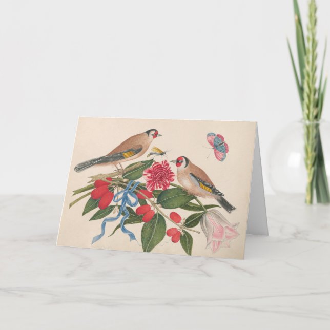 Tarjeta Festiva Pájaros marrones con flores y mariposa (Anverso)