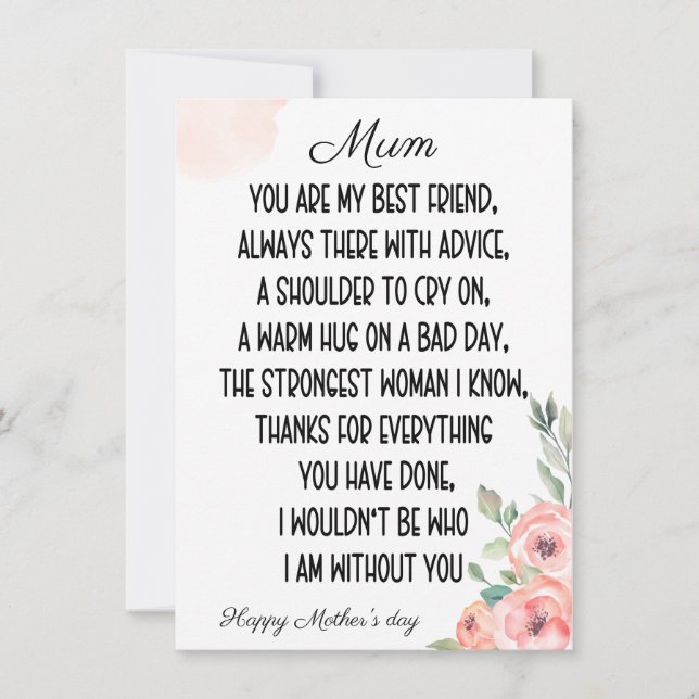 Tarjeta Festiva Palabras sentimentales para la Mamá, feliz día de  (Anverso)
