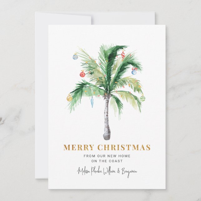 Tarjeta Festiva Palm Tree hemos movido vacaciones de Navidades (Anverso)