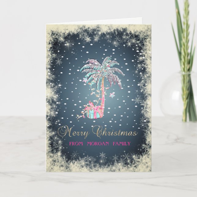 Tarjeta Festiva Palm Tree, Snow,Present, navidades (Anverso)
