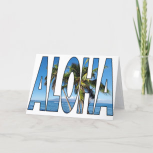 Tarjeta Festiva Palmeras Aloha Hawái Lahaina Tipografía En Blanco