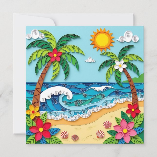 Tarjeta Festiva Palmeras en la playa | Diciendo hola (Anverso)