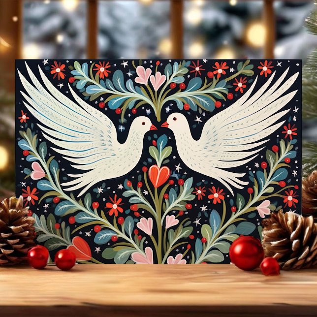 Tarjeta Festiva Palomas de arte popular y Navidades florales (Subido por el creador)