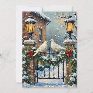 Tarjeta Festiva Palomas de invierno vintage en la puerta iluminada