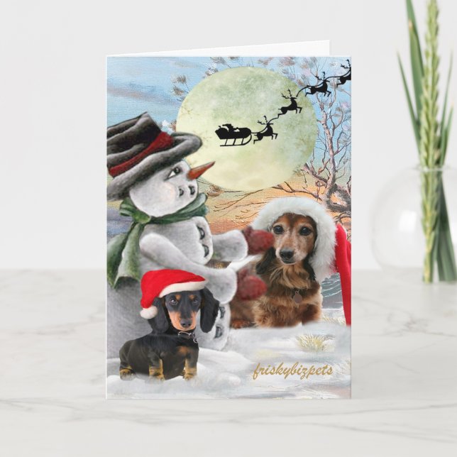Tarjeta Festiva Pals de Dachshund posadas con nevadas (Anverso)