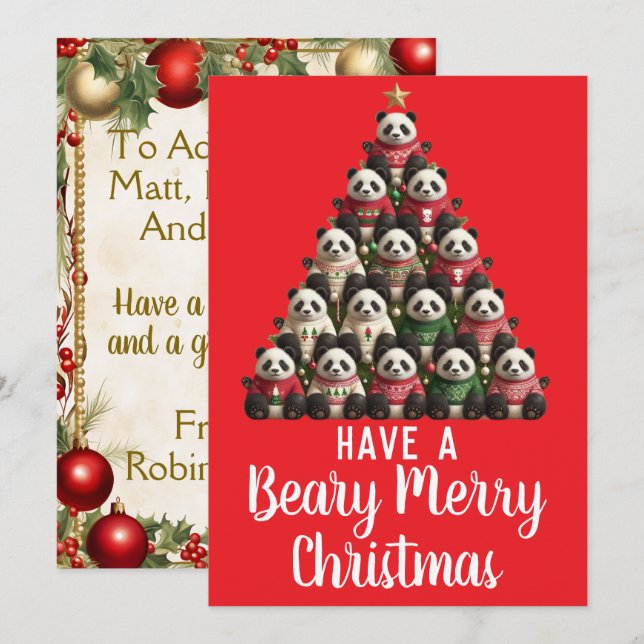 Tarjeta Festiva Panda Beary Merry Christmas Tree (Anverso / Reverso)