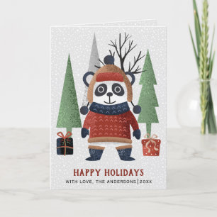 Tarjeta Festiva Panda de invierno y Navidades de árboles foto dobl
