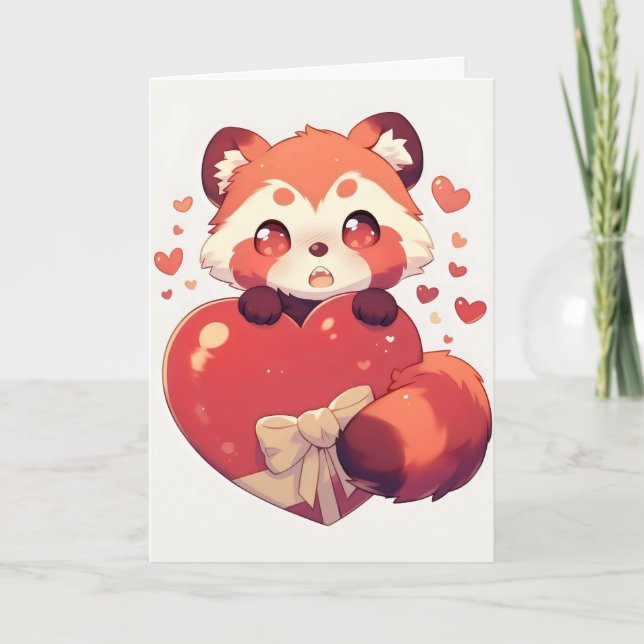 Tarjeta Festiva Panda Rojo Kawaii Love (Anverso)