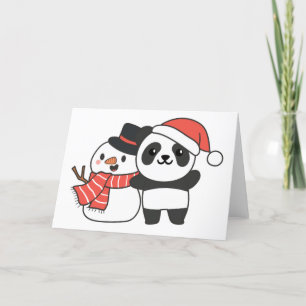 Tarjeta Festiva Panda With Snowman In Winter For Christmas Holiday