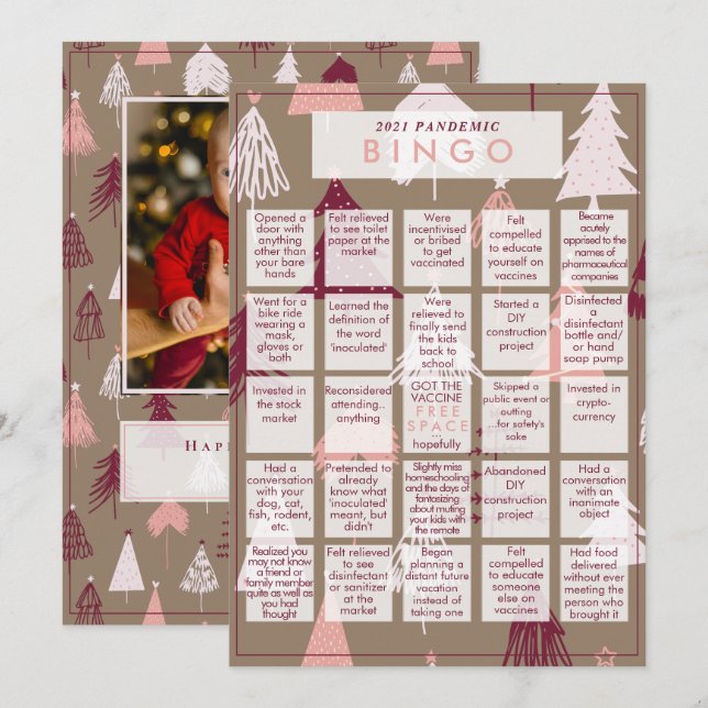 Tarjeta Festiva Pandemia de Navidades de árbol rosado BINGO Cute 2 (Anverso / Reverso)