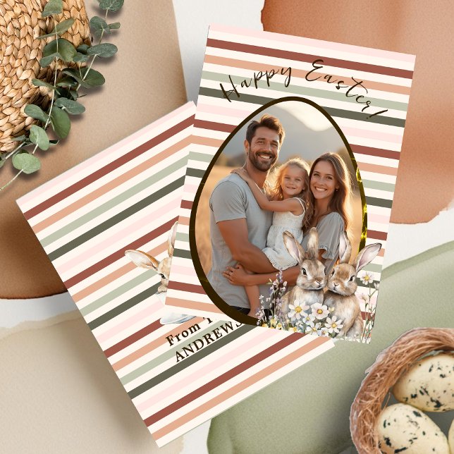 Tarjeta Festiva Panecillos rayados Pastel y foto de huevo (Pastel Striped Bunnies & Egg Photo Holiday Card)