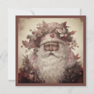 Tarjeta Festiva Papá Noel Afroamericano, Rojo Rococó y Sombrero Fl