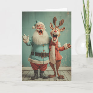Tarjeta Festiva Papá Noel Alegre y Rudolph Animando