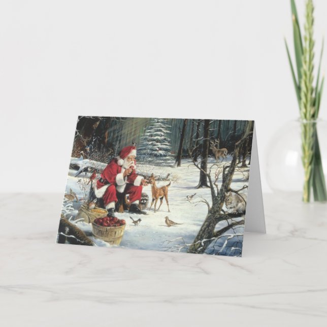 Tarjeta Festiva Papá Noel Alimentando A Los Animales (Anverso)